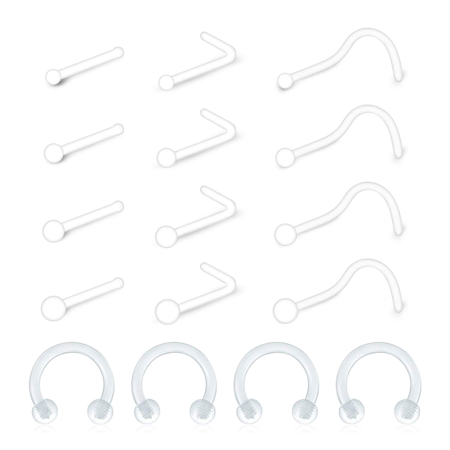 LAURITAMI 16pcs Clear Nose Studs Hide Piercing Retainers Invisible for School 20G Bioflex Plastic Tiny Stud for Nose Piercing Curved L-Shape Straight Bar