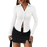 PRETTYGARDEN Womens Button Down Shirts V Neck Collared Ruched Slim Fit Long Sleeve Shirt Casual Spring Fashion Ladies Tops