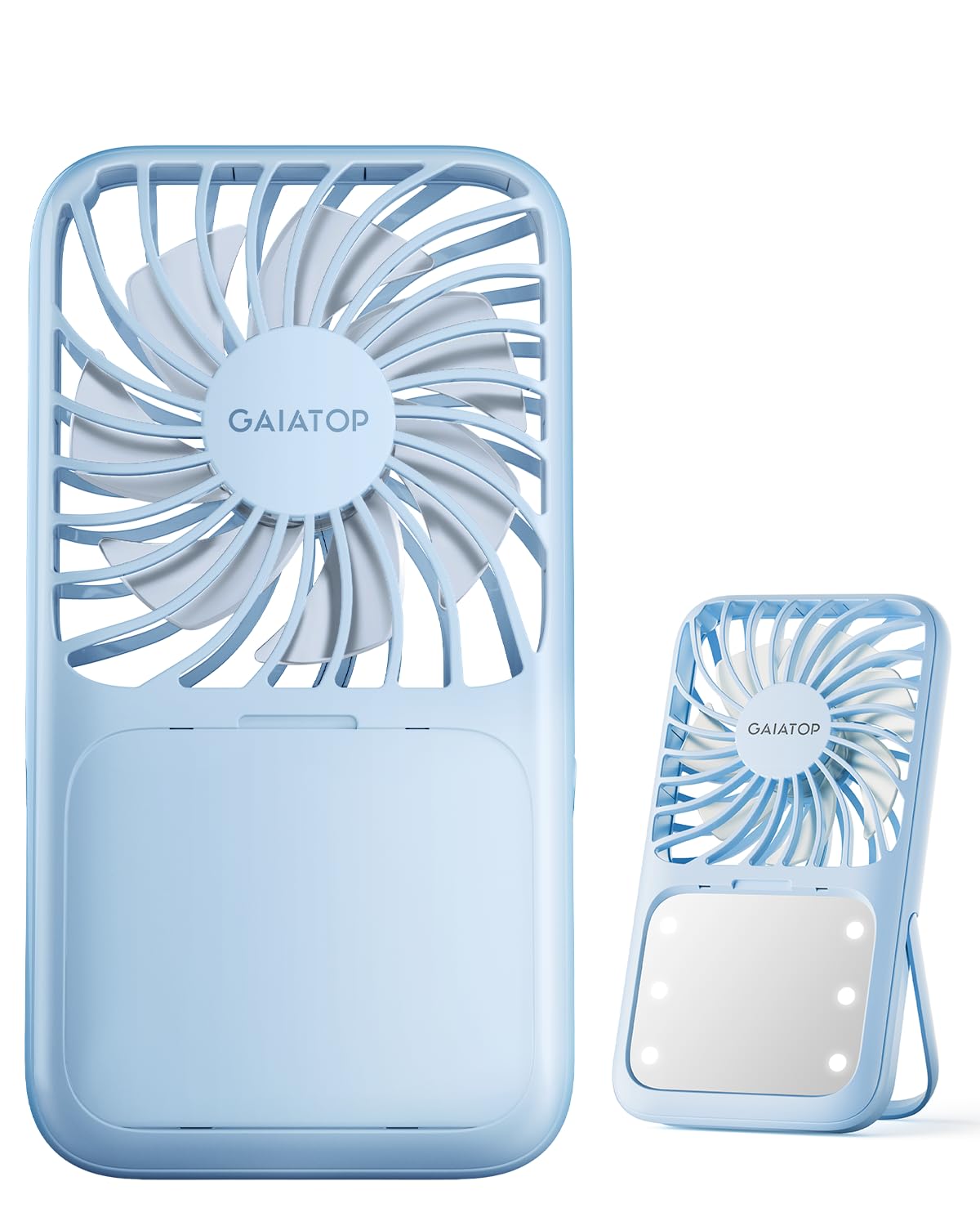 Photo 1 of Gaiatop Portable Handheld Fan, 3 Speed LED Makeup Mirror with Light, Folding Stand for Desktop, Rechargeable Mini Personal Fans Small Travel Essentials Gifts for Women Girls