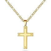 LUXEJEW Cross Necklace for Men - Silver/Gold/Black Stainless Steel Cross Pendant Necklace Figaro Link Chain 16-24 Inches