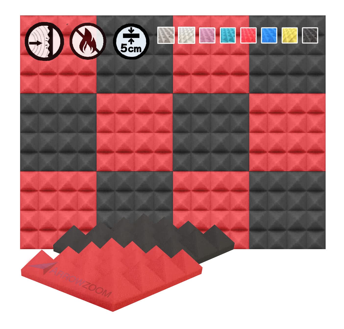 Arrowzoom 12 Acoustic Panels Pyramid Sound Absorbing Acoustic Treatment Tiles 25x25x5cm Recording Studio Noise Cancellation 26kg/m3 High Density Acoustical Dampening Fire Retardant Red Black 1034
