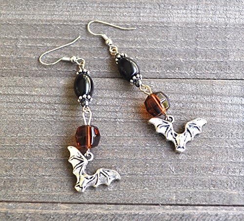 Silver Bat Earrings Black &amp; Amber Colored Beads Vampire Bat Jewelry Halloween Bats Spooky Bat Gothic Costume Attire Vampire Bat Motif