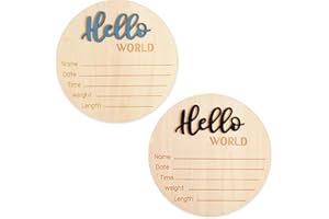 NICECRAFT 2 Pcs 5.9 Inch Wooden Baby Announcement Sign, Newborn Welcome Sign Hello World Baby Sign Birth Announcement Sign Round Name Plaques for Nursery Decorations Photo Props(Black+Blue)