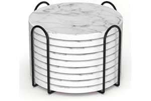 Billbotk 9 Pieces Ceramic Coasters for Drinks with Holder, Absorbent Drink Coasters for Coffee Table, Marble Style Coasters Wooden Table, Suitable for Kinds of Cups, 4 Inches