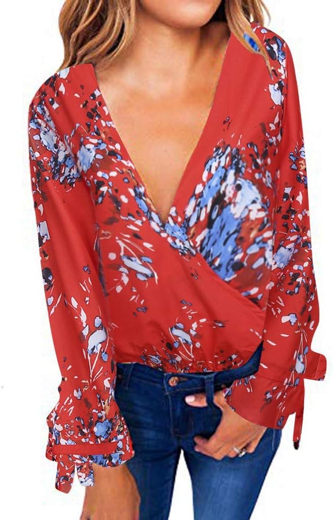 GDJGTA Shirts for Womens Sexy Deep V Neck Floral Print Blouse Wrap Front Tunic Shirts Loose Tops