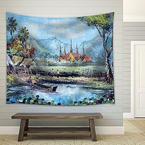 Original Oil Painting on Canvas - Waterside Life in Thailand - Fabric Wall Tapestry Home Decor - 51x60 inches
