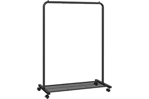 SONGMICS Clothes Rack with Wheels, 35.8 Inch Garment Rack, Clothing Rack for Hanging Clothes, with Dense Mesh Storage Shelf, 