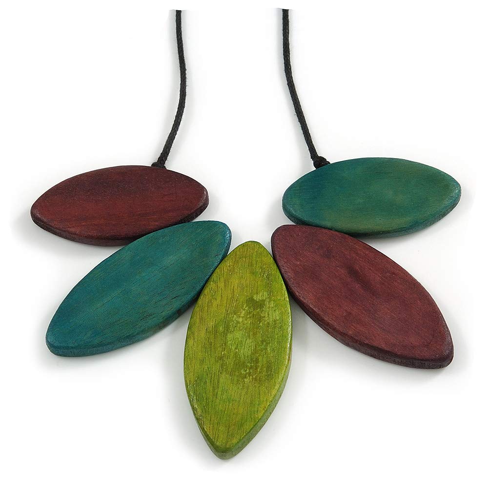 Avalaya Purple/Teal/Olive Green Wood Leaf with Black Cotton Cord Necklace - 100cm Long - Adjustable