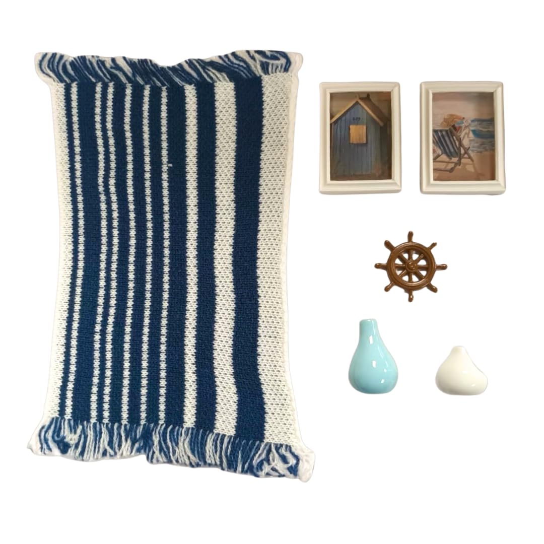 Minimum World Dolls House Seaside Décor Pack, 1:12 Scale, Seaside Pictures, Striped Rug, Ship's Wheel, Vases, Not Suitable for Under 14 Years
