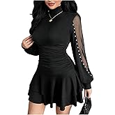 Milumia Women's Mesh Long Sleeve Mock Neck Dress Pearls Beaded Layered Ruffle Mini Dresses