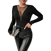 Finjani Women's T-Shirt Contrast Mesh Sheer Slim Fit Tee Solid Round Neck Long Sleeve Sexy Top for Women