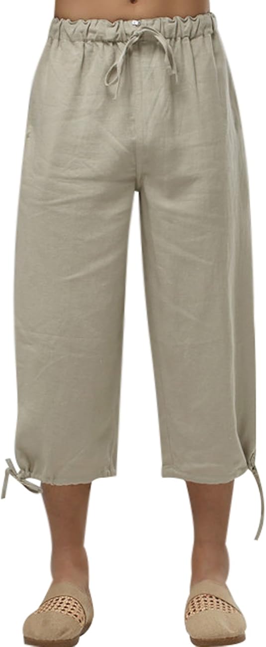 Zoulee Men's Elastic Waist Linen Capri Pants Travel Pants at Amazon Men
