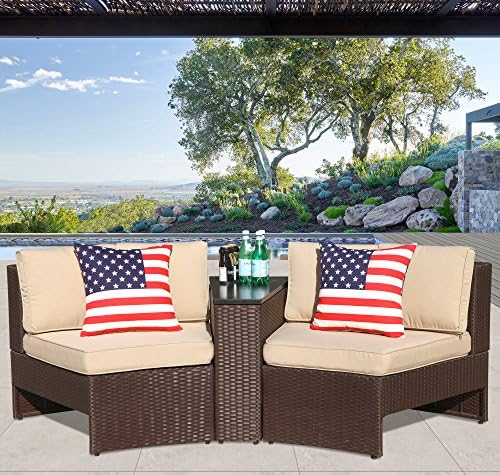 PATIOROMA Outdoor Patio Furniture Set Wicker 3 Piece Semicircular Sectional Sofa Seating Set with Beige Seat and Back Cushions, Aluminium Frame, Brown PE Wicker