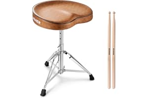 Donner Saddle Drum Throne, Height Adjustable Padded Seat Drum Stool for Adults and Kids, 5A Drumsticks Included, with Double Braced Legs Rubber Feet, Brown