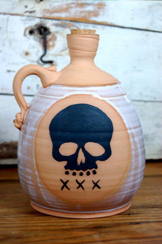 Hand Thrown Pottery Jug with Skull and XXX Handmade