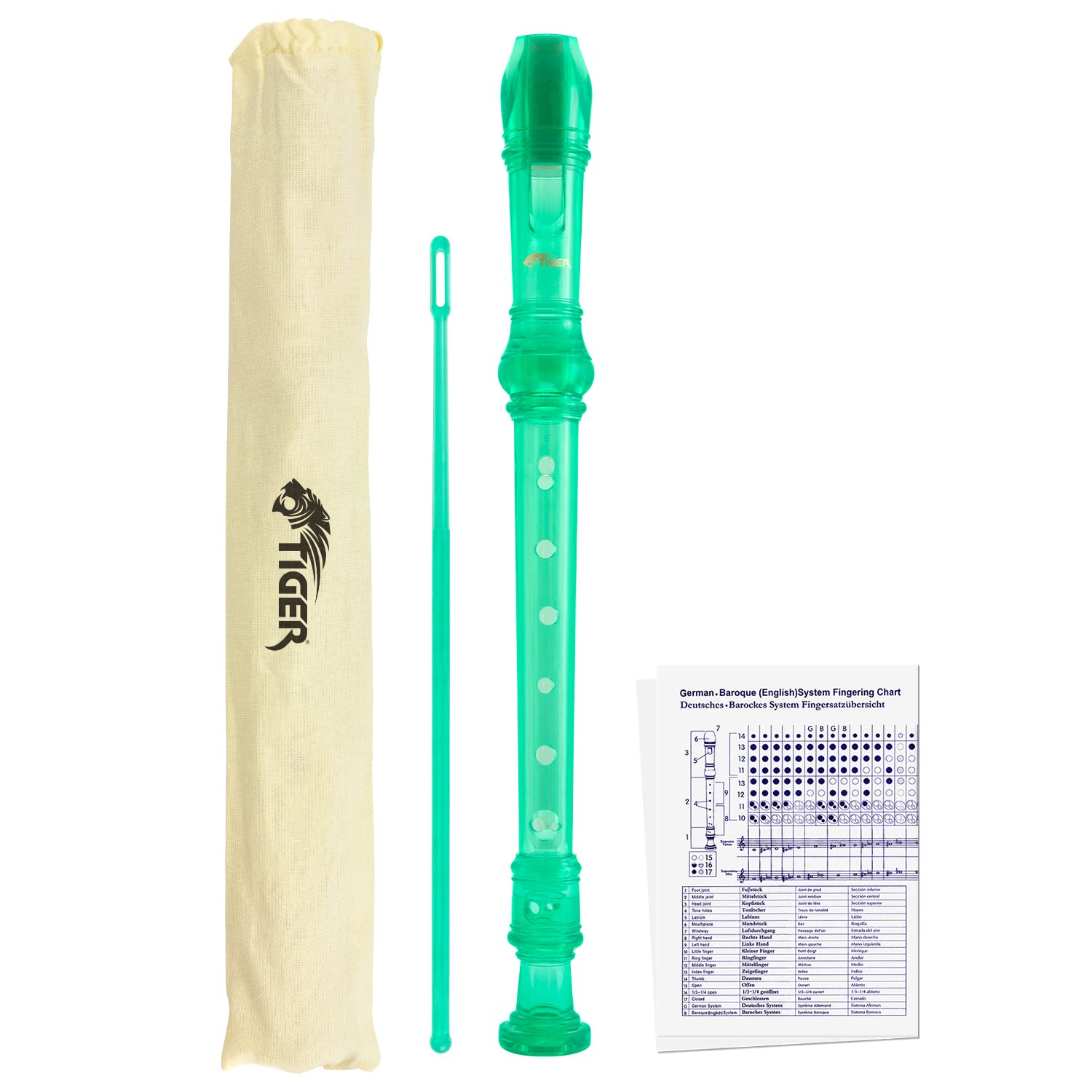 TIGER REC7-GR Descant/Soprano School Recorder with Bag, Cleaning Rod and Fingering Chart, English/Baroque Fingering - Green