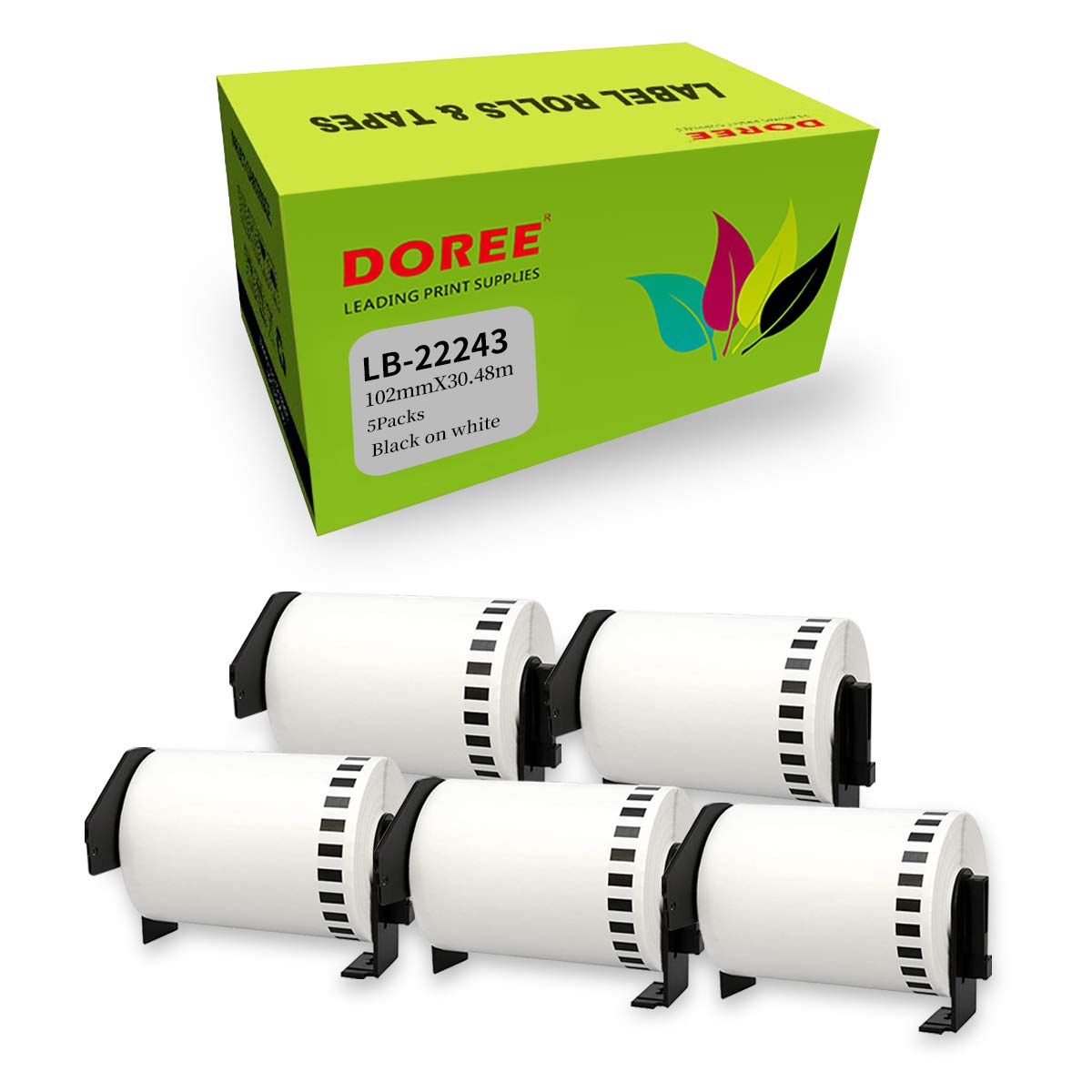 DOREE 5-roll White DK-22243 Address Label Rolls, 102mm × 30.48m, Compatible with QL-1050, QL-1050N, QL-1060N, QL-1100, QL-1110NWB Label Printers