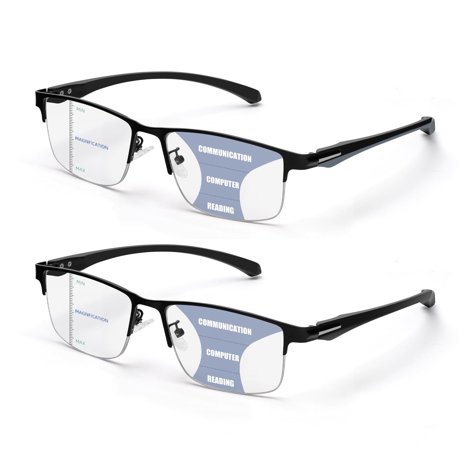 Photo 1 of ZERPEET 2 Pack Men's Progressive Multifocal Reading Glasses,Half Rim Metal Frame TR90 Temples Blue Light Blocking Anti Eyestrain Multifocus Computer Readers,2.5x