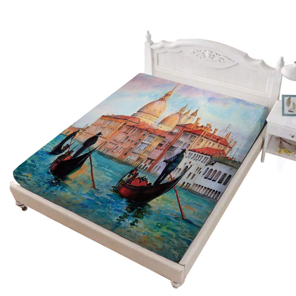 Full Size Fitted Sheet,Watercolor Painting of Venice Serene Cityscape Antique Gondolas Scenic Decorative Soft Wrinkle Resistant Microfiber Fitted Sheet,Deep Pocket for Kids & Adults,Peach Light Blue R