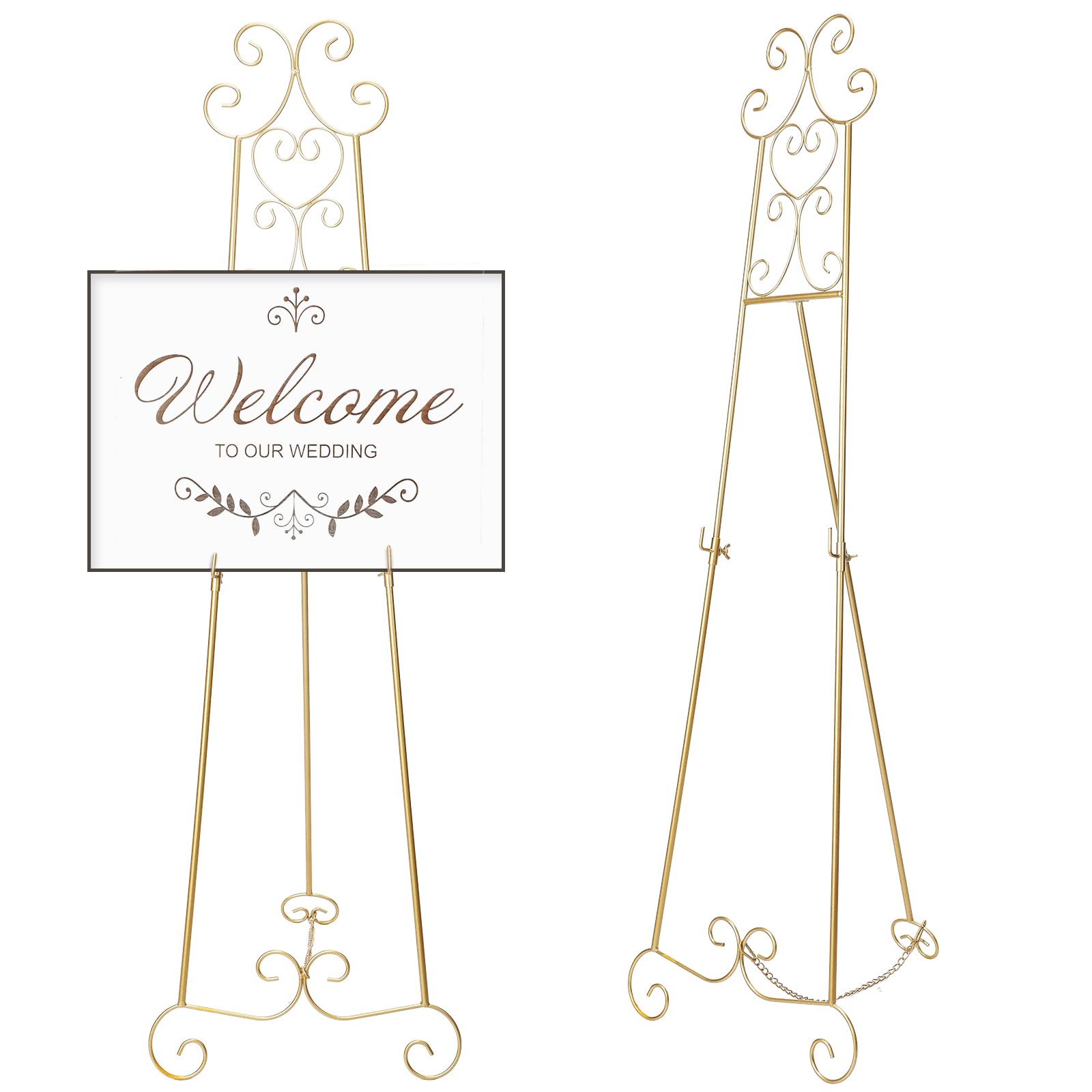 Photo 1 of GlikCeil 17 x 15 x 57 Inch Metal Scroll Easel Stand for Display Wedding Sign Poster Adjustable Portable Art Easels Poster Easel with Chain Support for Painting Coffee Shop Exhibition Canvas(Gold)