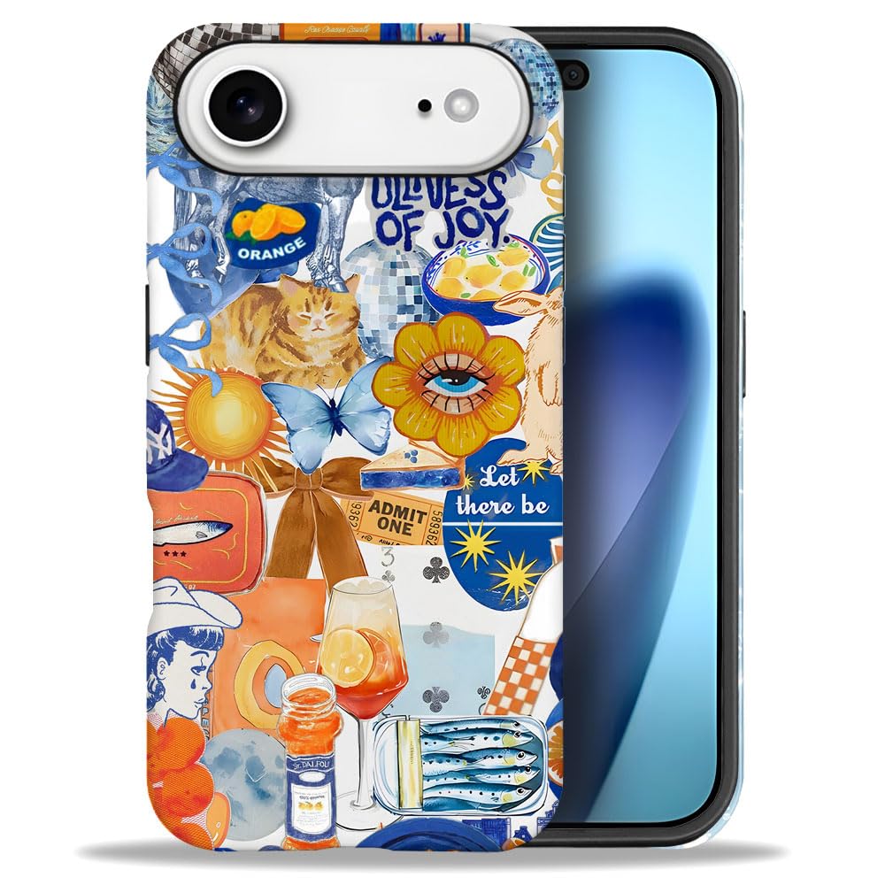 Compatible with iPhone 17 Air,Anti-Scratch Frosted Case Cover,Retro Fruity Collage Navy Animal Cat
