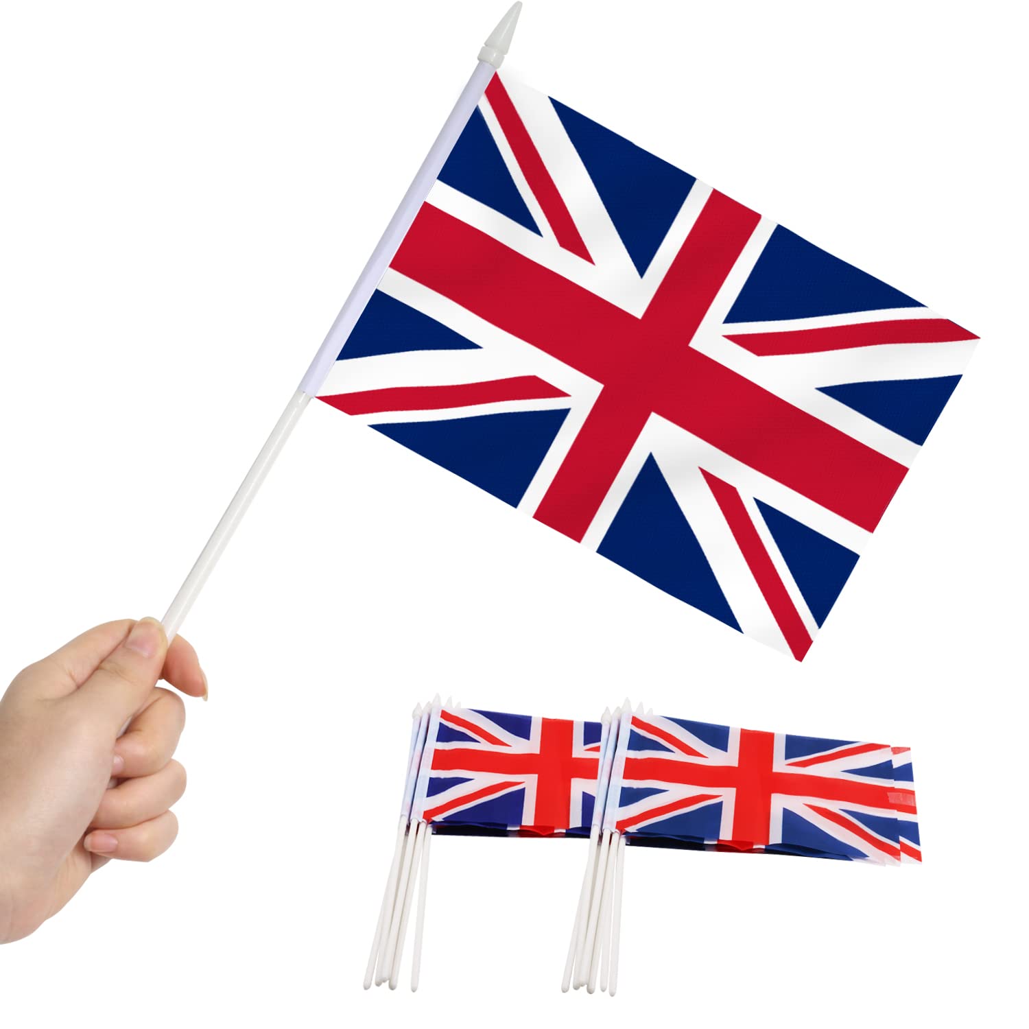 British Union Jack Stick Flag, ANLEY Great Britain 5x8 inch (12 X 20cm) HandHeld Mini Flag With 12" (30cm) White Solid Pole - Vivid Color and Fade Resistant - UK 5 x 8 inch Hand Held Flags With Spear