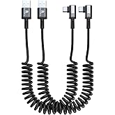 Coiled USB C Cable, Right Angle USB A to USB C Coiled Cable for Android Auto/Carplay, USB Type C Fast Charging Recommended Length [1.5FT-4FT 2Pack] for iPhone 17/16/15 Series, for Samsung S25 S24 S23