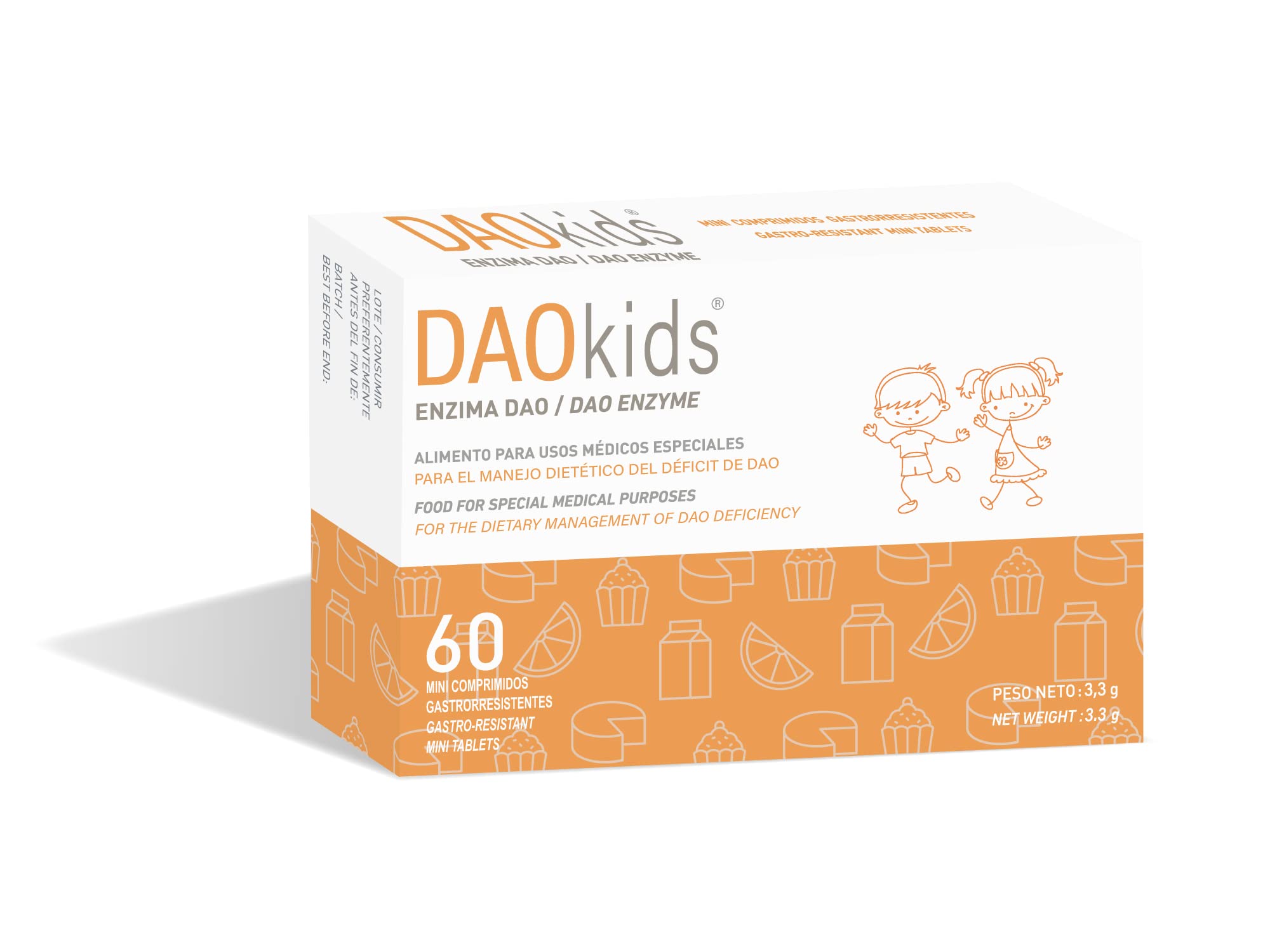 DAOkids - Dietary Management of DAO Deficiency/Histamine Intolerance - DAO Enzyme for Children Aged 3 Years and Older - 60 Mini Gastro-Resistant Tablets.