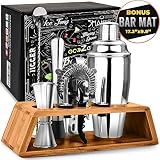Cocktail Set with Bonus Bar Mat | Bartender Mixing Tool Kit with Elegant Wooden Stand | Premium Bar Set Cocktail Shaker Set | Best Gifts Ideas for Him (Husband, Boyfriend, Dad) Ideal for housewarming