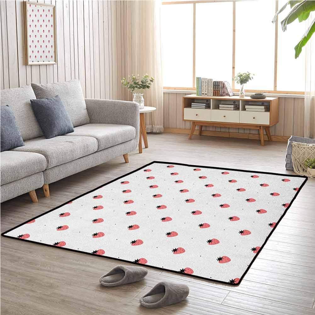 Strawberry Hallway Rug 4'x6' Super Absorbent mud Healthy Summer Snacks Organic Nutritious Fruits Tasty Sweet Doodle Style Black White Coral
