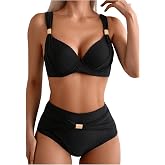 OYOANGLE Women's 2 Piece Bikini Set High Waisted Tummy Control Push Up V Neck Swimsuit Bathing Suit