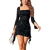 VAFADRESS Womens Sexy Sequin Sparkly Glitter Dress Long Sleeve Square Neck Cocktail Evening Party Mini Dress
