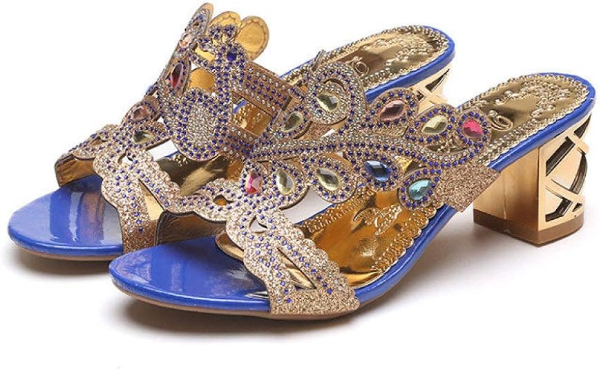 Amazon.com | Women's Block Heel Slide Sandals Sparkle Rhinestone Chunky Mid Heels Fashion Open 