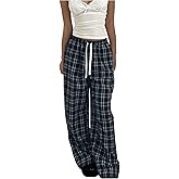 Verdusa Women's Gingham Plaid Wide Leg Pants Grunge Streetwear Casual Trousers with Pockets
