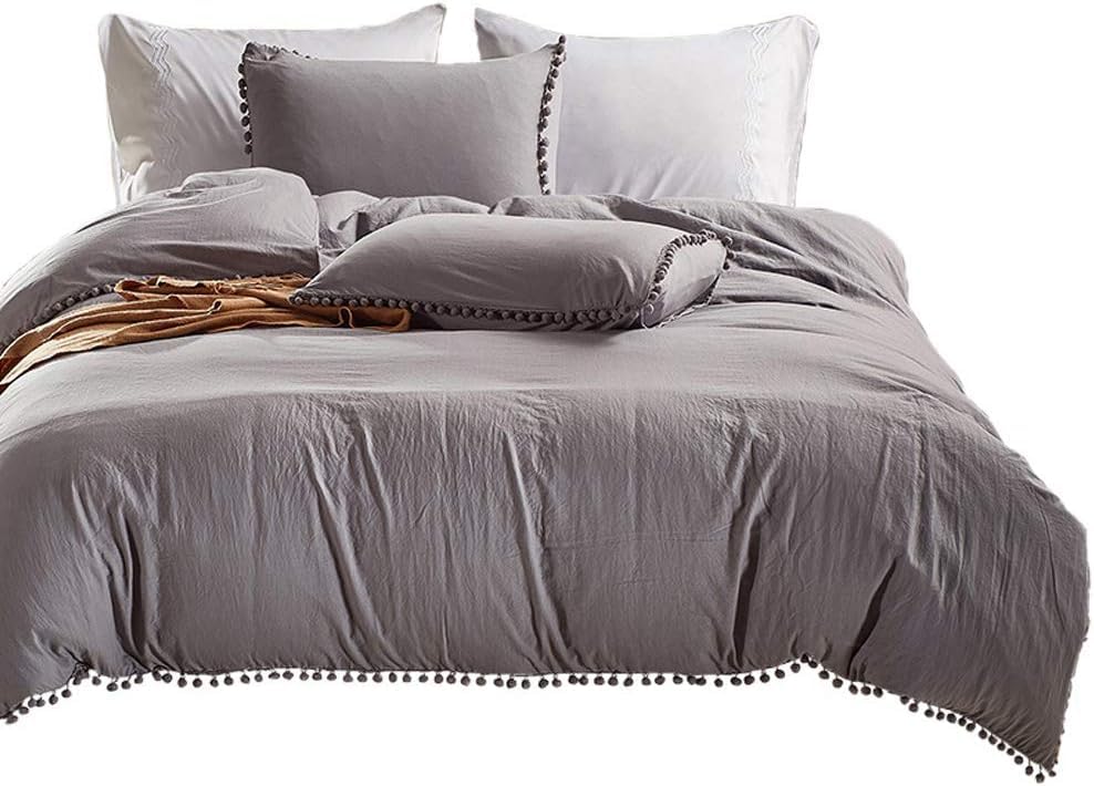 TCXZTYJH Gray Duvet Cover Set, Brushed Cotton Bedding Set King Size, Pompoms Fringe Design with Zipper Closure (3pcs, 1 Quilt Cover and 2 Pillow Shams)