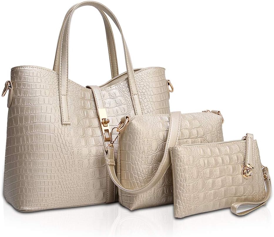 NICOLE&DORIS Women's handbag set Purse Handbags 3 Pcs Tote handbag+Crossbody Bags + wristlet,crocodile bag women Golden