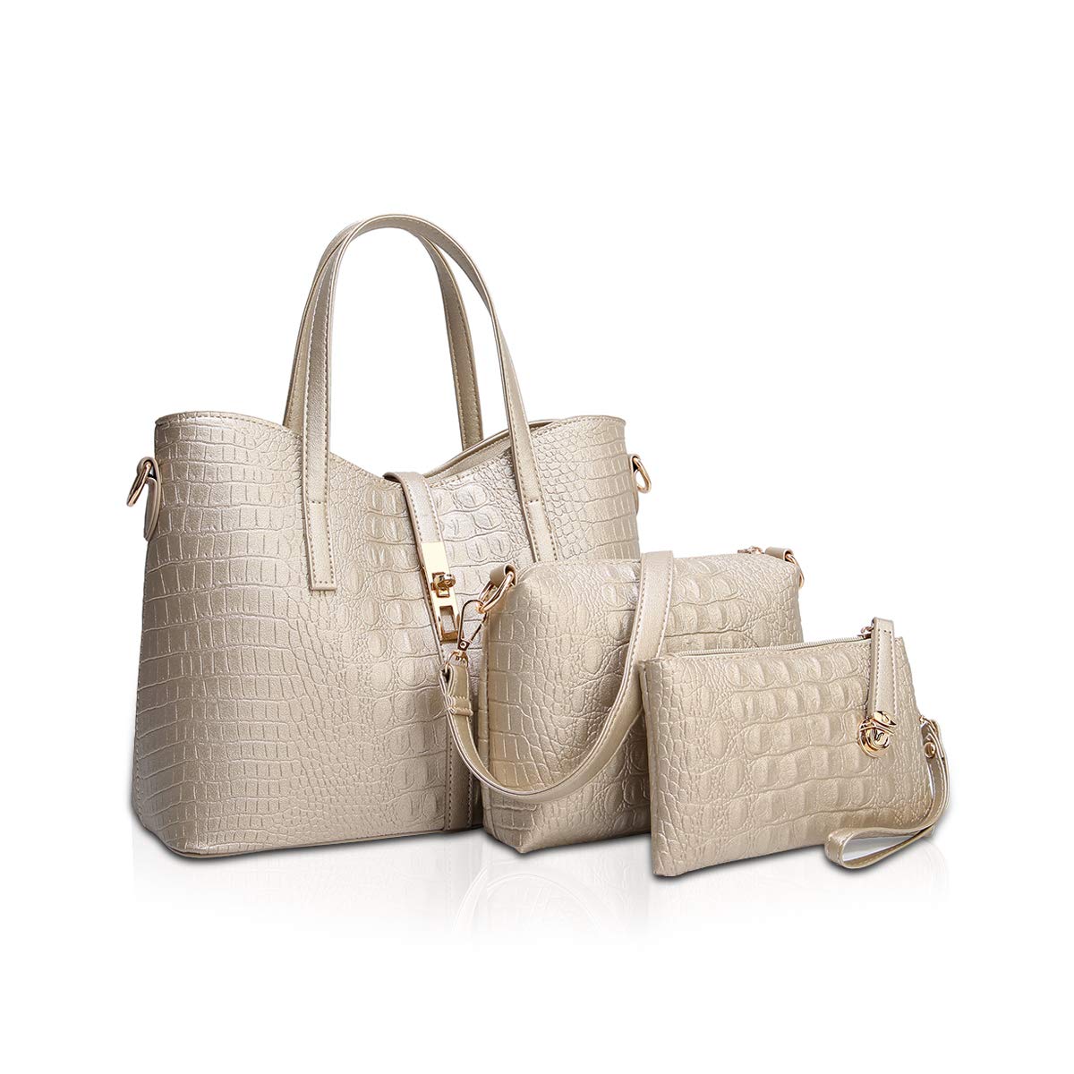 NICOLE&DORIS Women's handbag set Purse Handbags 3 Pcs Tote handbag+Crossbody Bags + wristlet,crocodile bag women Golden