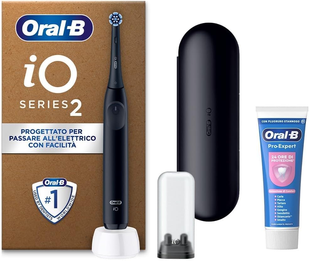 Oral-B Wiederaufladbare elektrische Zahnbürste iO 2 Schwarz, 1 Ersatzkopf, 1 Reiseetui, 1 Bürstenkopfhalter + 1 Zahnpasta Oral-B