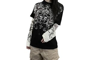 GGOOB Goth Shirt Gothic Shirt Fake Two-Piece Alternative Clothing Goth Long Sleeve Top Grunge Clothes