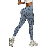 OYOANGLE Women's V Back Waist Yoga Leggings Printed High Waisted Scrunch Butt Lifting Seamless Casual Leggings