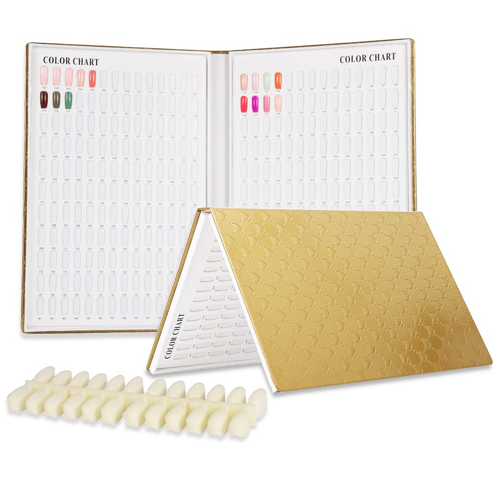 BNG Nail Color Display Book Professional 308 Colour Nail Chart, Gold Nail Gel Polish Display Card Leather Book, Nail Art Salon Design Display Booklet 360 Pcs False Nails Tips