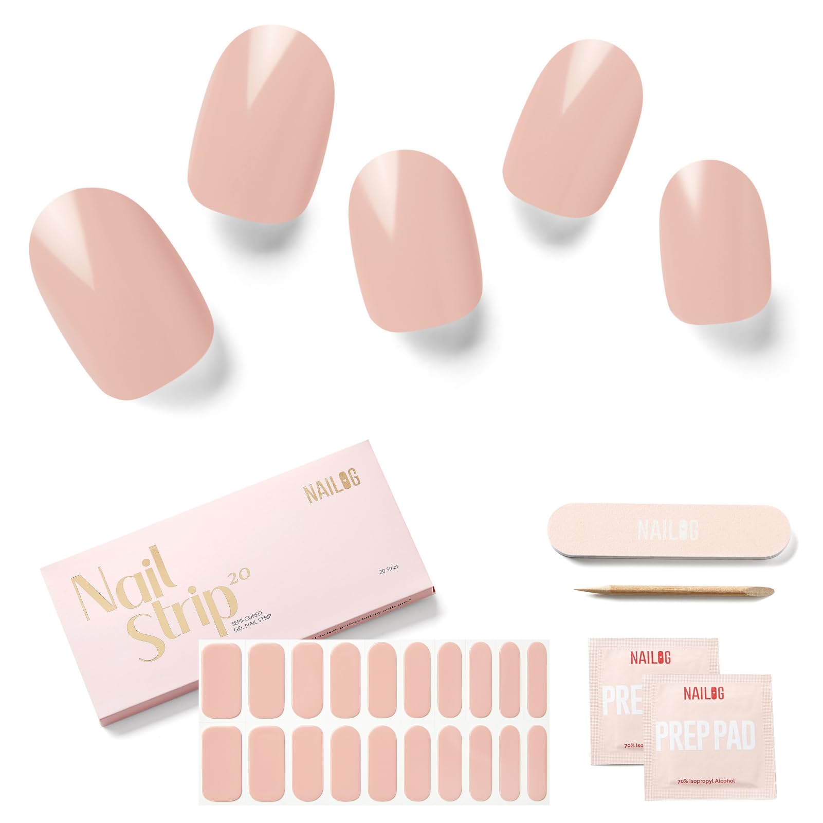NAILOG Semi Cured Gel Nail Strips, 20 Pieces Extra Long Nail Polish Strips, Long Lasting Semi Cured Gel Nail Stickers with Soft Glossy Finish,Blush — image 1