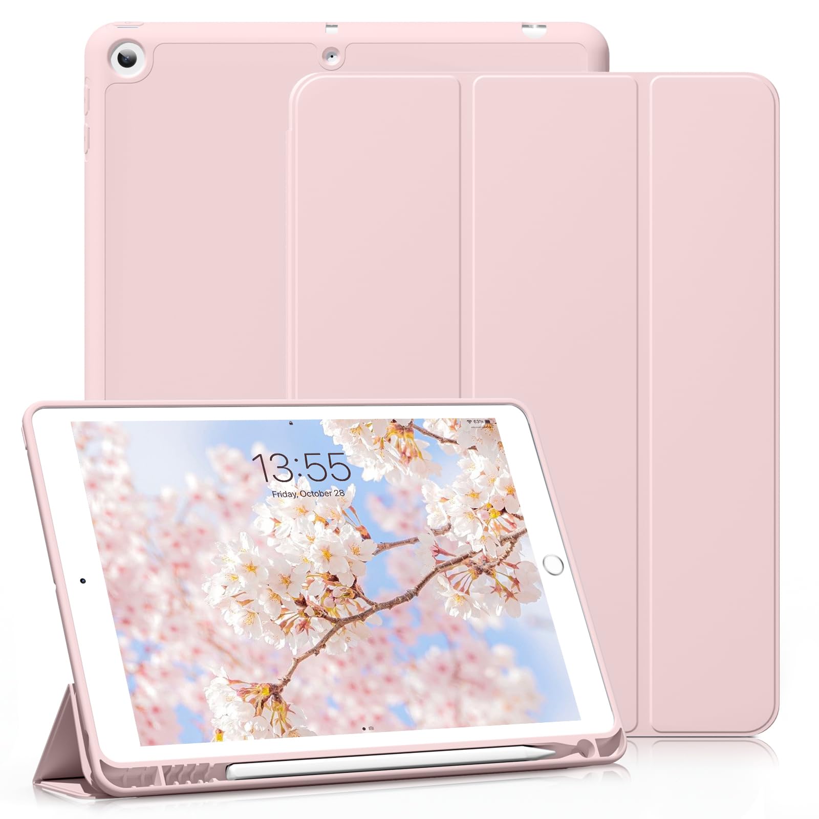 ZOYU Case for iPad 6th Generation 2018 / 5th Gen 2017 9.7 Inch with Pencil Holder, Slim Lightweight Smart Trifold Stand Protective Cover, TPU Soft Silicone Magnetic Auto Sleep/Wake, Pink