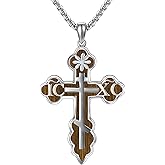 HUKKUN Wooden Orthodox Cross Necklace Sterling Silver Russian Eastern Orthodox Cross Jewelry Gift for Men
