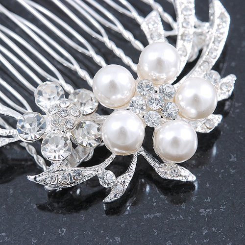 Bridal/ Wedding/ Prom/ Party Rhodium Plated Clear Swarovski Crystal, Synthetic Pearl Double Flower Hair Comb - 50mm