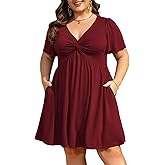 Manllenshie Womens Plus Size Summer Dress Casual Short Sleeves Deep V Neck Twist Knot Front Flowy Dress with Pockets