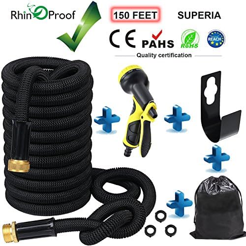 RhinOProof 50 ft Expandable Garden Hose 50 Feet With Strongest Triple Core Latex &amp; Solid Brass Connector Fittings，Extends to 100 ft Handy &amp; Kink-Free（Black） (150Feet, Black)