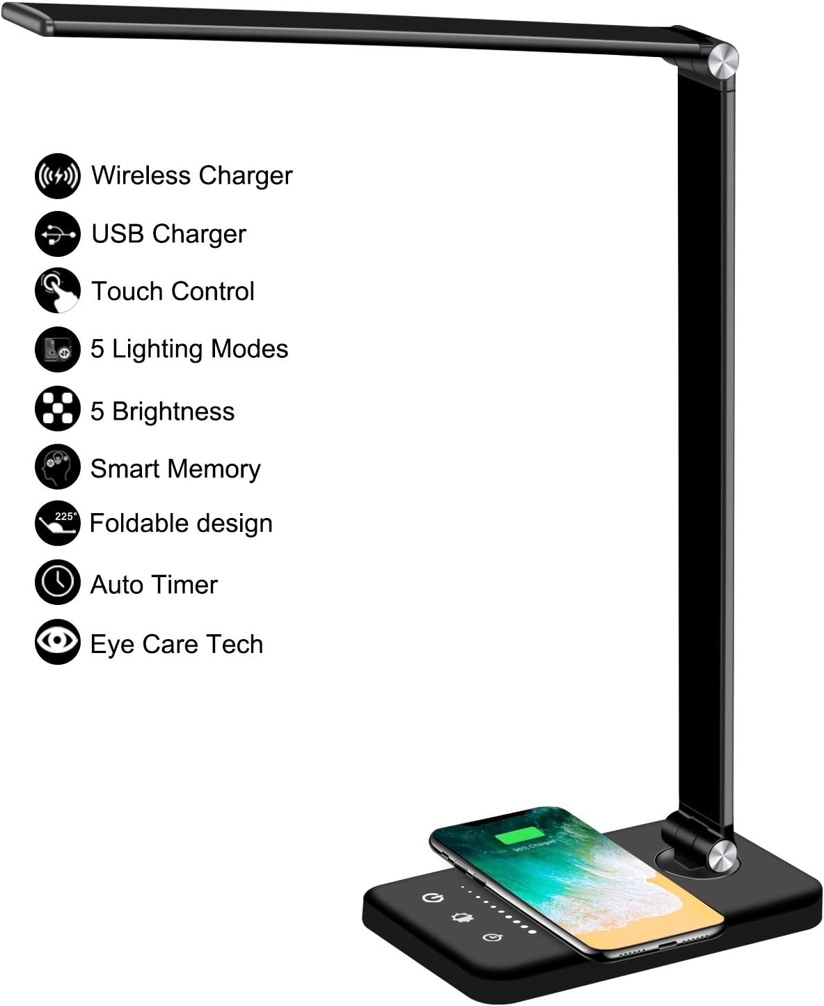 Multifunctional LED Desk Lamp with Wireless Charger, USB Charging Port, 5 Lighting Modes, 5 Brightness Levels, Sensitive Control, 30/60 min Auto Timer, Eye-Caring Office Lamp with Adapter - - 