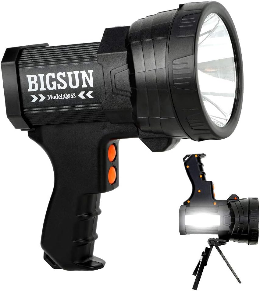 BIGSUN Q953 10000mAh Rechargeable LED Spotlight, Super Bright 6000LM Flashlight, 5 Light Modes Marine Boat Light, IPX4 Waterproof Emergency Lamp, Wall and USB Charger Included - - 