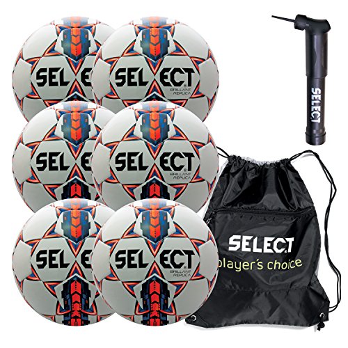 Select Brilliant Super Replica Soccer Ball with Sack Pack & Hand Pump (Pack of 6), White/Blue/Orange, Size 5